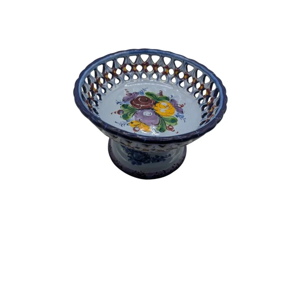 Handpainted Portugal Pottery Open Candy/Footed Compote/Footed Bowl READ
